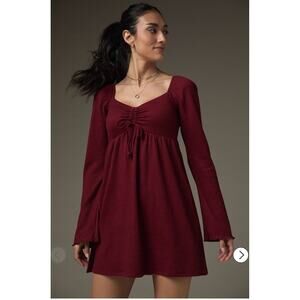Francesca’s Susie Cinch Front Long Sleeve Mini Dress Red Ribbed